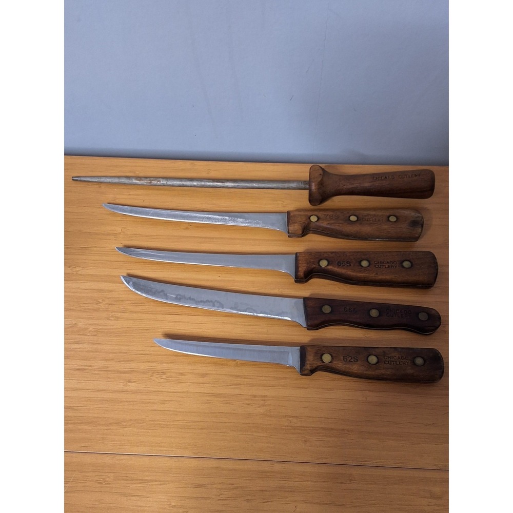 Vintage 5pc. Set Of Chicago Cutlery Knives & Sharpener. #'s-62S, 65S, 78S, C66